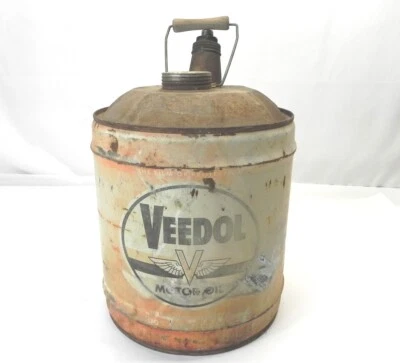 VINTAGE VEEDAL 5 GALLON MOTOR OIL CAN WITH WOODEN HANDLE *EMPTY* PRE-OWNED USED  - Image 1 of 4