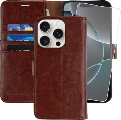 Funda tipo billetera para iPhone 16 Pro, protector de pantalla de vidrio - bloqueo RFID abatible marrón Foto 1 de 4