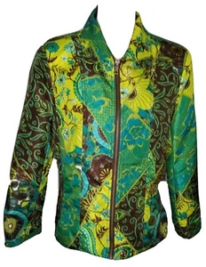 Zip Front Jacket/top. Brown/lime/Turquoise damask. Lined. Zipped Pockets MEDIUM  - Picture 1 of 7