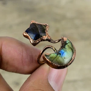 Anillo Ajustable Labradorita Electroformado Luna Y Estrella Tamaño Ajustable Cobre - Imagen 1 de 7