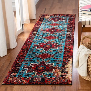 Vintage Hamadan Collection 2'3" X 8' Red / Light Blue Runner Rug Oriental - Picture 1 of 12
