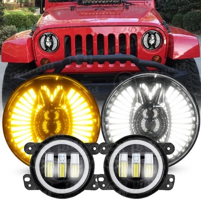 Faróis de LED 7" Halo + kit combo de luzes de neblina 4" para Jeep Wrangler JK 2007-2018 - Imagem 1 de 4