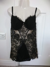 ANN SUMMERS BLACK SATIN,LACE&MESH CAMI SUSPENDER CORSET DRESS 12/14 D/DD