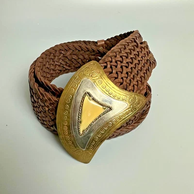 Cinturón Mujer Chicos Talla M/L Marruecos Marrón Cuero Trenzado Metal Hebilla Cuerno Ancho Foto 1 de 4
