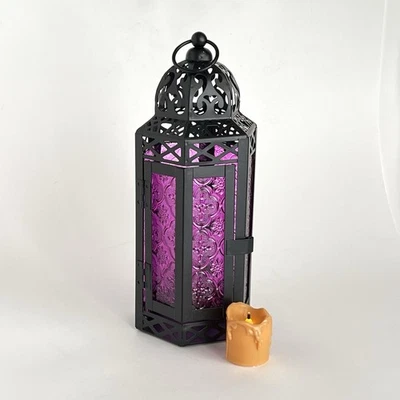 Moroccan Purple Battery Candle Lamp Lantern Home Decor Ramadan Glass & Metal New - Image 1 of 4