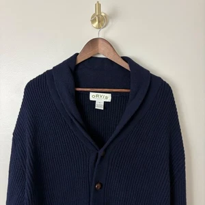 ORVIS Men Navy Blue Shawl Collar Cardigan Sweater Lambswool XL Cabincore Classic - Picture 1 of 11