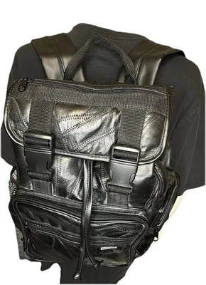 MOCHILA GRANDE DE CUERO GENUINO de colección parcheada negra multi bolsillo Foto 1 de 4