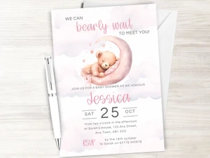 Teddy Bear in Moon Baby Shower Invitations - Girls Pink Bearly Wait Invites - Picture 1 of 2