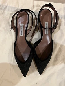 Auth Tabitha Simmons Black Lace  Leather Pumps Shoes Size 38 US 8 - Picture 1 of 11