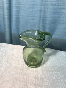 Hand Blown Green Glass Pitcher Creamer Heart Shaped Opening Bubbles 5” - Picture 1 of 6