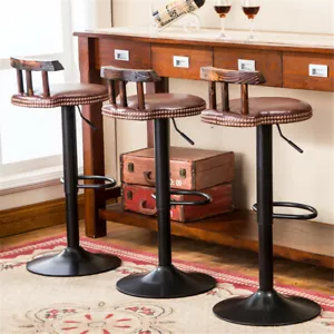 2 PU Breakfast Bar Stools Leather Seat Pub Style Vintage Wood Swivel Adjustable - Picture 1 of 20