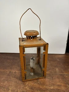 Vintage Metal & Glass Candle Holder Lantern Antique, Orange Color, Authentic - Picture 1 of 15