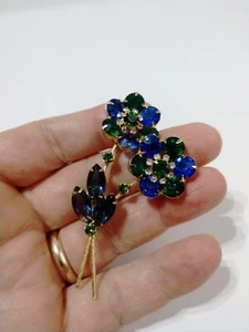 VTG Verified Juliana Blue & green Marquise Rhinestone brooch Gold Tone - Picture 1 of 10