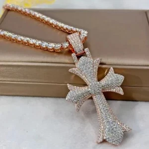 3.20Ct Round Good Cut Lab Created Moissanite Cross Pendant 14K Rose Gold Plated - Picture 1 of 7