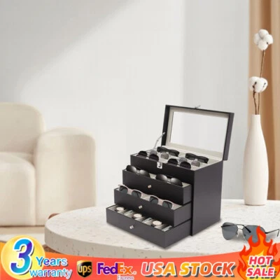 Caja de reloj de cuero de 4 niveles vitrina organizadora vidrio almacenamiento de joyas negro EXCELENTE Foto 1 de 4
