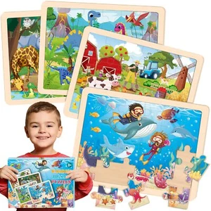 Wooden Animals Puzzles for Kids Age 3 4 5 Year Old, 4 Pack 24 Pcs Montessori ... - Picture 1 of 7