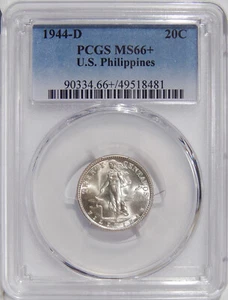 1944-D U.S. PHILIPPINES 20c PCGS MS 66+ ~ LOW POP SILVER TWENTY CENT - Picture 1 of 5