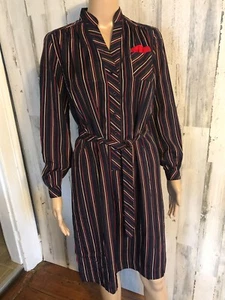 vtg Schrader Sport Shirt Dress Sz 8P Navy Stripe Belted 70s 80s - Picture 1 of 13