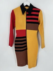 Vestido vintage años 80 90 para mujer XS amarillo rojo marrón bloques de color rayas tejido con cremallera - Imagen 1 de 24