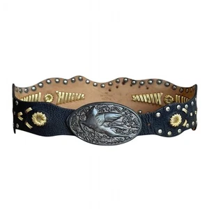 Etro Nieten braun Leder Pegasus Schnalle Damen Gürtel Gold geflochtene Details - Bild 1 von 7