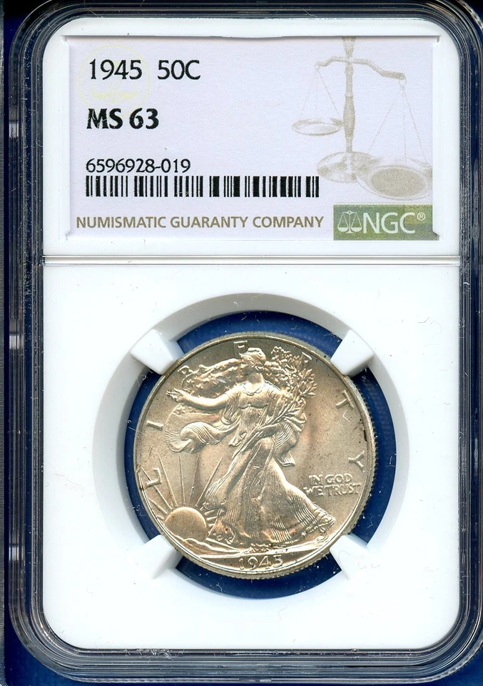 Moeda de prata 1945 P NGC MS63 Walking Liberty meio dólar 50c EUA em perfeito estado 1945-P MS-63 - Imagem 1 de 3