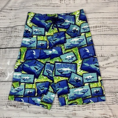 Bermuda de natação Hang Ten Sharks masculina tamanho XL 16 18 azul verde - Imagem 1 de 4