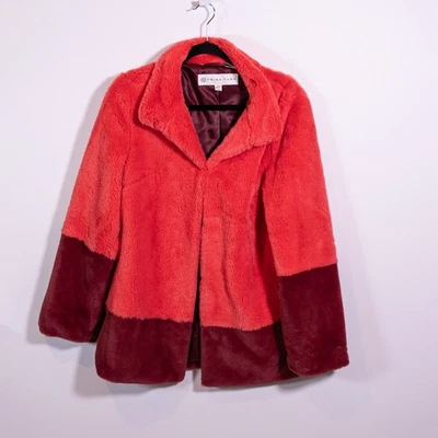 Trina Turk Blanche Faux Vegan Fur Coral Wine Colorblock Collared Jacket Coat M - Image 1 of 4