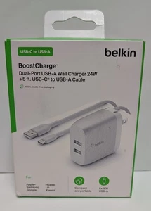 Belkin F8J268-05-SLV 24W 2-12W Port Wall Charger - USBC-A Braided Cable - Silver - Photo 1 sur 4