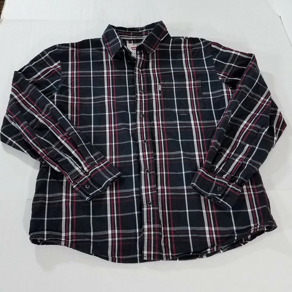 Camisa Levis Modern Fit LS Cuadros Perla Botón a Presión Blanca Pestaña Logo Hombres L Negra Roja Foto 1 de 4