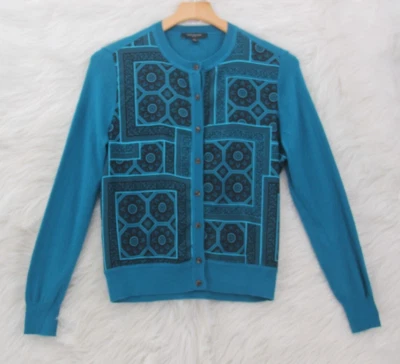 Cárdigan Ann Taylor Petite Material Mixto Botón Frontal Azul Geométrico MP #1577 Foto 1 de 4