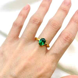 Gold Emerald Ring, Emerald Ring, Created Emerald, Green Solitaire Ring, Gold - Picture 1 of 2