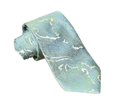 NEW T. Harris London Silk Neck Tie Mens Green Blue & White Paisley USA Made - Image 1 of 4