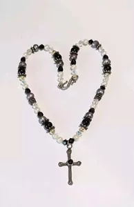 Handmade Sterling Silver Onyx Cross Pearl Austrian Crystal Beaded 16.5" Necklace - Picture 1 of 6