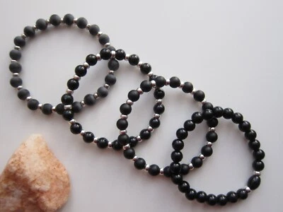 Hombre \ Unisex - Pulsera de ónix negro con espaciadores de plata Foto 1 de 4