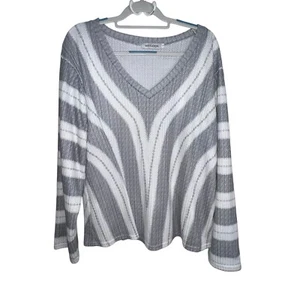 MissLook Gray & White Striped V-Neck Knit Sweater Long Sleeve Women's Size 4XL - Picture 1 of 9