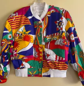 ESCADA VINTAGE BOMBER JACKET COTTON IN BRIGHT WHIMSICAL PRINT 42 12 WEST GERMANY - Picture 1 of 19