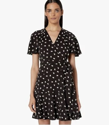 Jill Jill Stuart Dress Womens 8 Black Floral V Neck Embroidered Wrap Mini - Image 1 of 4