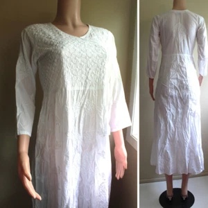 IndianKALA 4U White Midi S M Embroidered 1/2 Sleeve Goddess Ritual Dress A Line - Picture 1 of 9