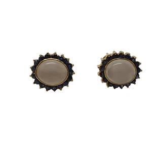 18ct Gold Earrings 2 Carat High Moonstone Cabochon & Sapphire Earrings - Picture 1 of 6