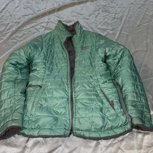 North Face Girls Reversible Purple Mint Zip Puffer Fleece Jacket Size M 10/12 - Picture 1 of 4