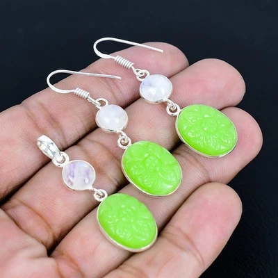 Juego de pendientes y colgantes hechos a mano enchapados en plata 925 de calcedonia verde de 1,97" Foto 1 de 3