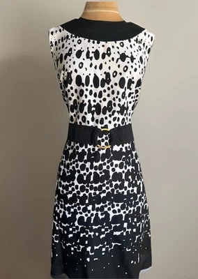 Madison Leigh Mod Print Retro Inspired Dress Black White Belted Size 16 Office - Image 1 of 4