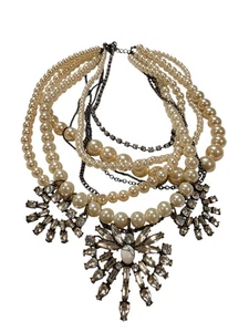 Joan Rivers Clear Faceted Crystal Pearl Statement Bib Necklace Silvertone Collar - Picture 1 of 3