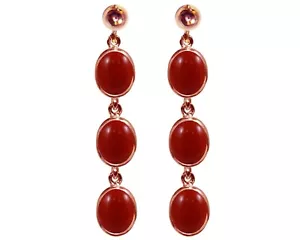 9ct Rose Gold Natural Red Coral Triple Oval Dangling Studs Earrings British Made - Picture 1 of 4