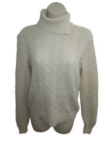 Ralph Lauren 100% Cashmere Cream Cable Knit Button Turtleneck Sweater Size L