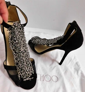 Jimmy Choo Feline $1295 decolte nere pelle scamosciata perline punta aperta tacco Italia 37 - Foto 1 di 5