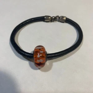 Pandora Spotlight Leather Bracelet w/ Murano Italian Glass Bead Sterling ~ 6" - Picture 1 of 12
