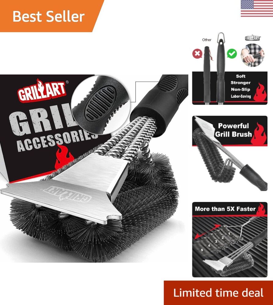 Heavy-Duty Quick Grill Brush - Strong Triple Scrubbers - 5x Faster Clean - 18"