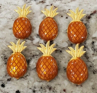1 1/16" GOLD Tone Metal and Enamel PINEAPPLE Shank Back Buttons (6 pieces) NEW - Image 1 of 4