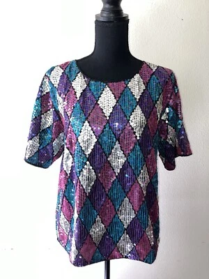 Vintage '80s Carina Sequined Short Sleeve Party Top Harlequin Pattern M/L - Image 1 of 4